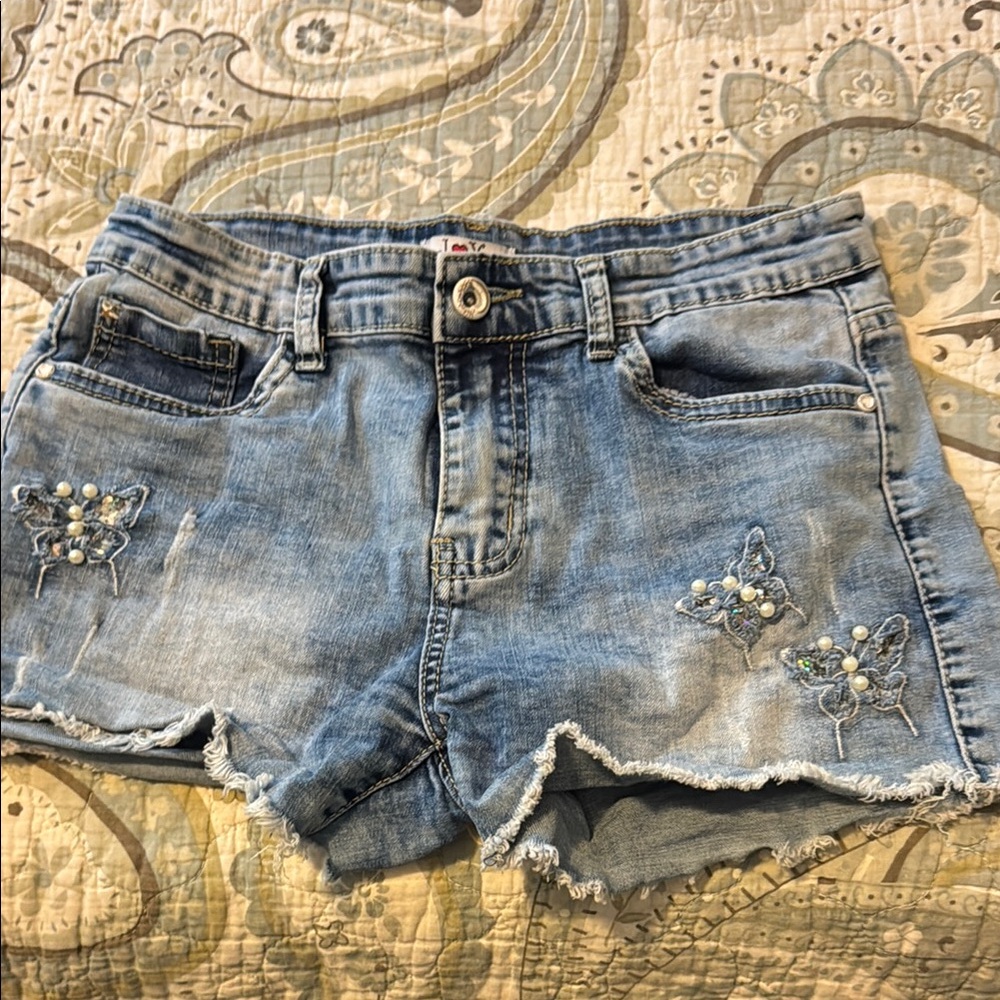 Blue Distressed Denim Shorts with Raw Hem